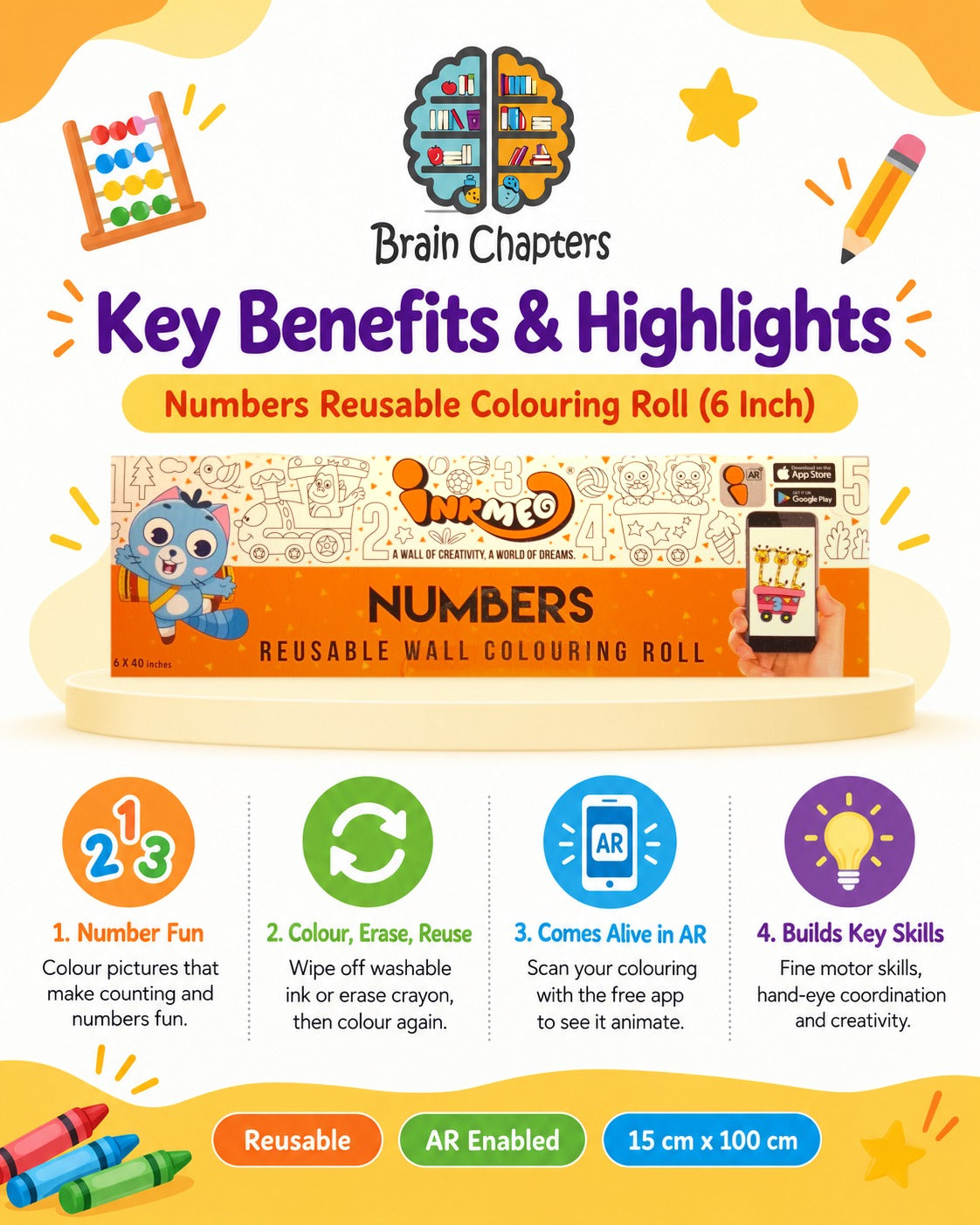 Key benefits and highlights of Numbers Reusable Colouring Roll (6 Inch)