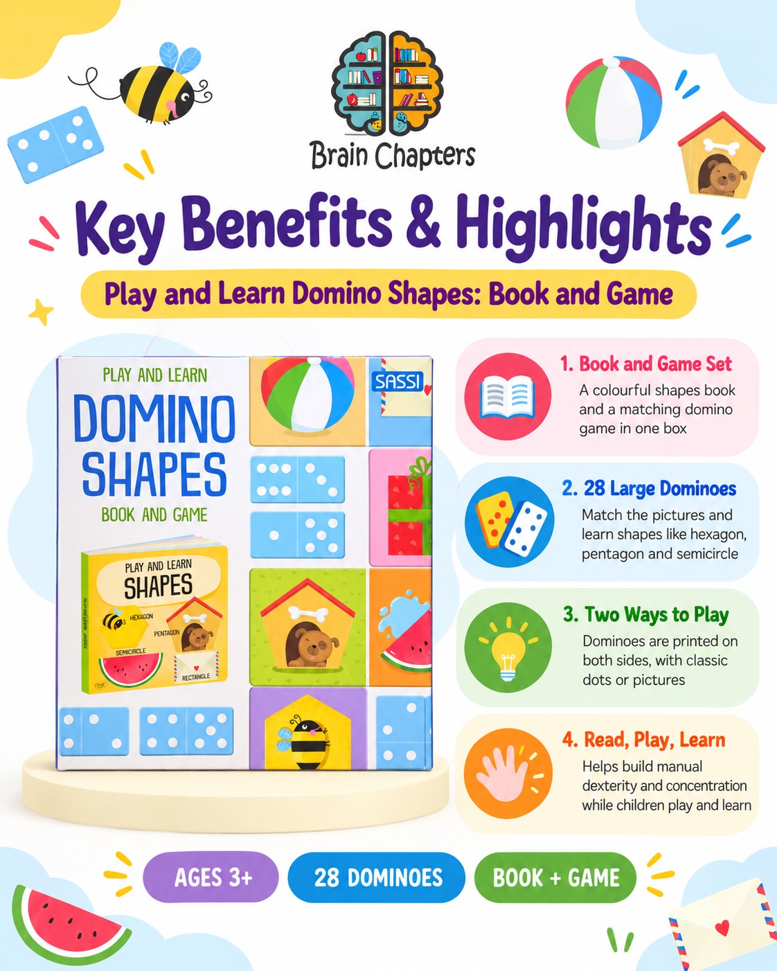 Key benefits and highlights of Play and Learn Domino Shapes Book and Game