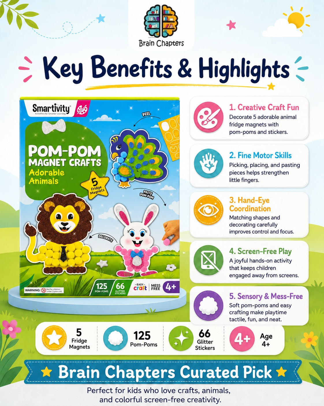 Key benefits and highlights of Pom Pom Magnet Crafts: Adorable Animals