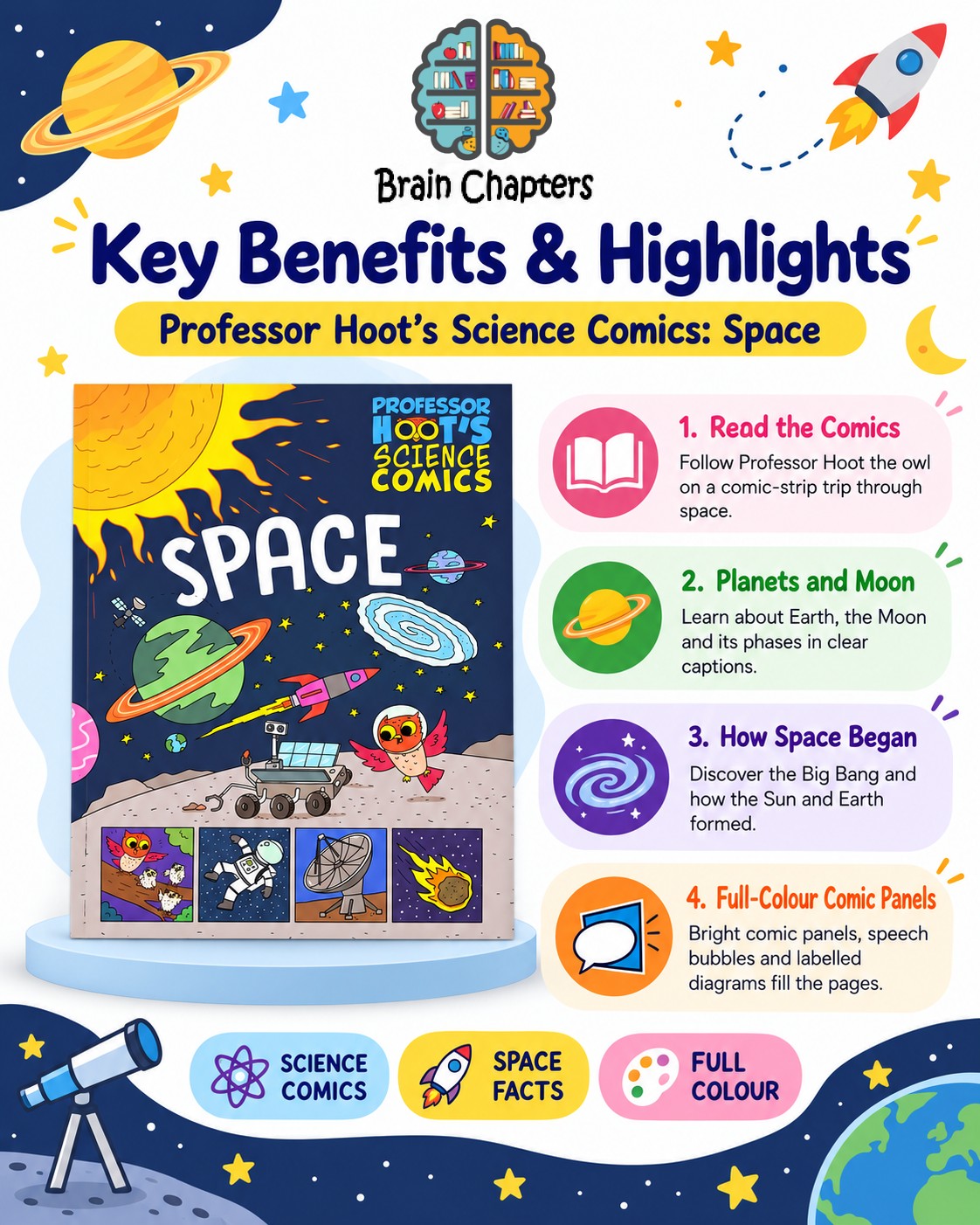 Key benefits and highlights of Professor Hoot's Science Comics: Space