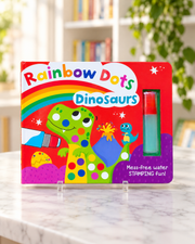 Rainbow Dots Dinosaurs, front cover of the water-stamping activity book with stamper pen