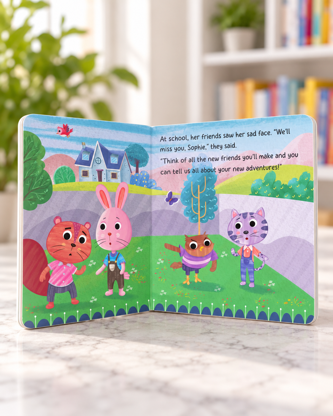 Sad Squirrel, open board book showing Sophie's friends at school