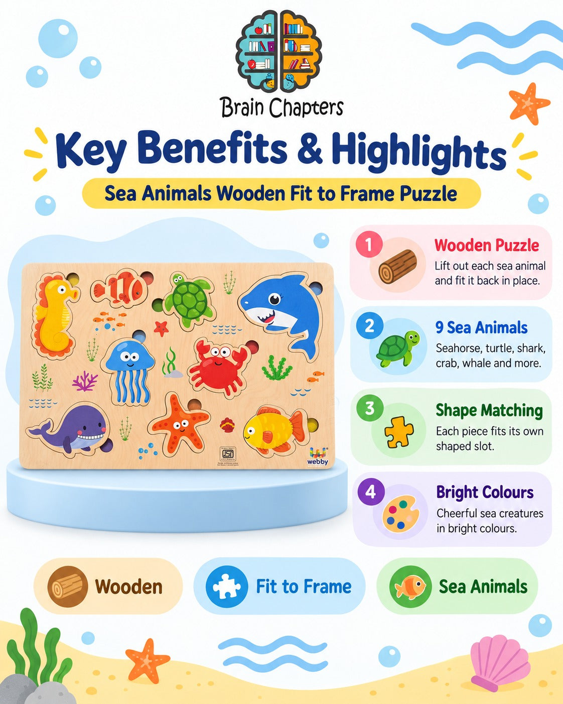 Key benefits and highlights of Sea Animals Wooden Fit to Frame Puzzle