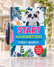 Start Handwriting Practice Workbook for Kids - First Words, spiral-bound front cover with pens