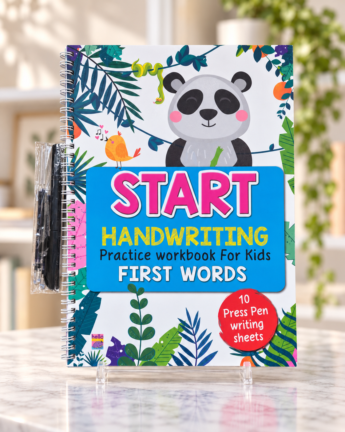 Start Handwriting Practice Workbook for Kids - First Words, spiral-bound front cover with pens
