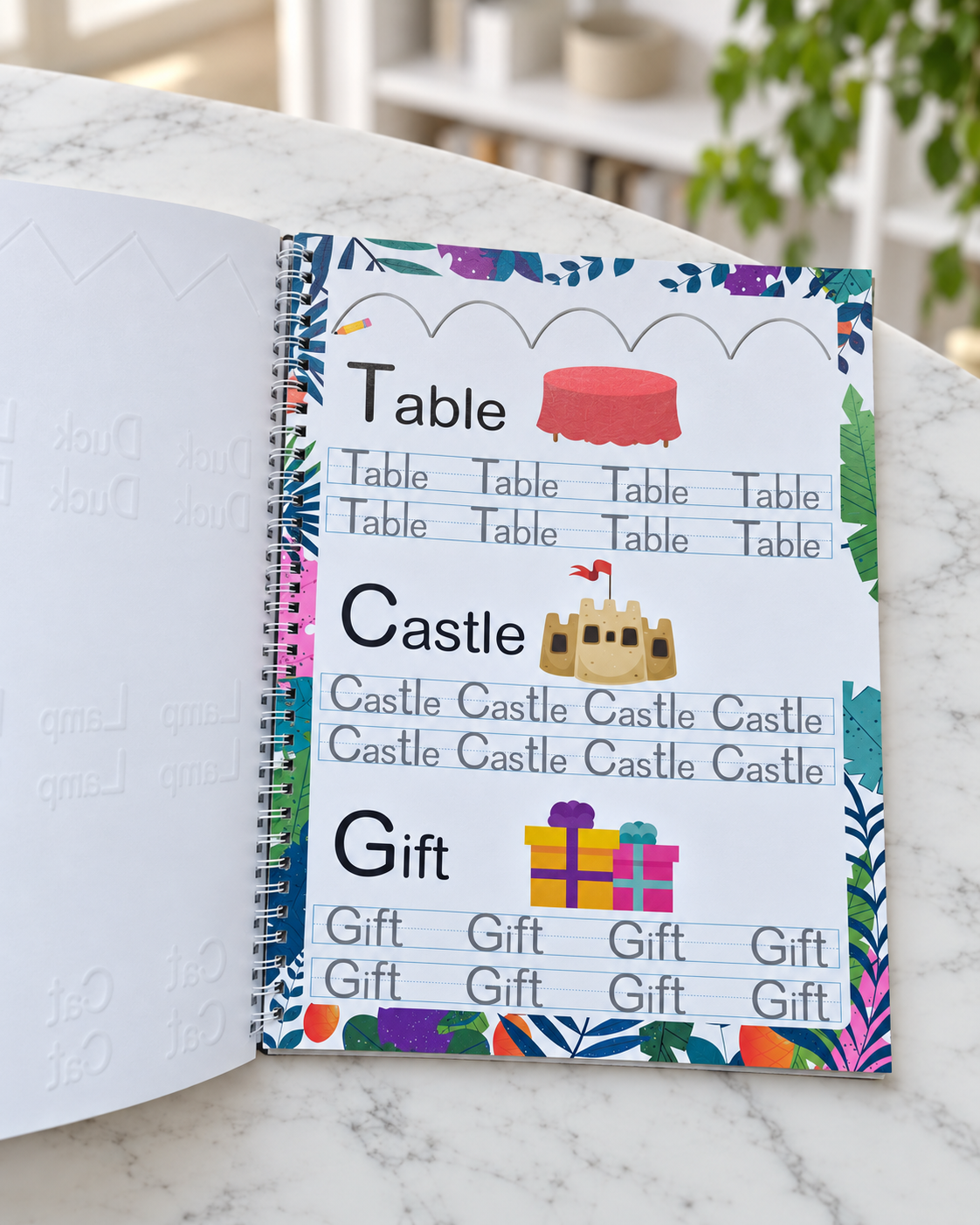 Start Handwriting Practice Workbook for Kids - First Words, tracing page with Table, Castle and Gift