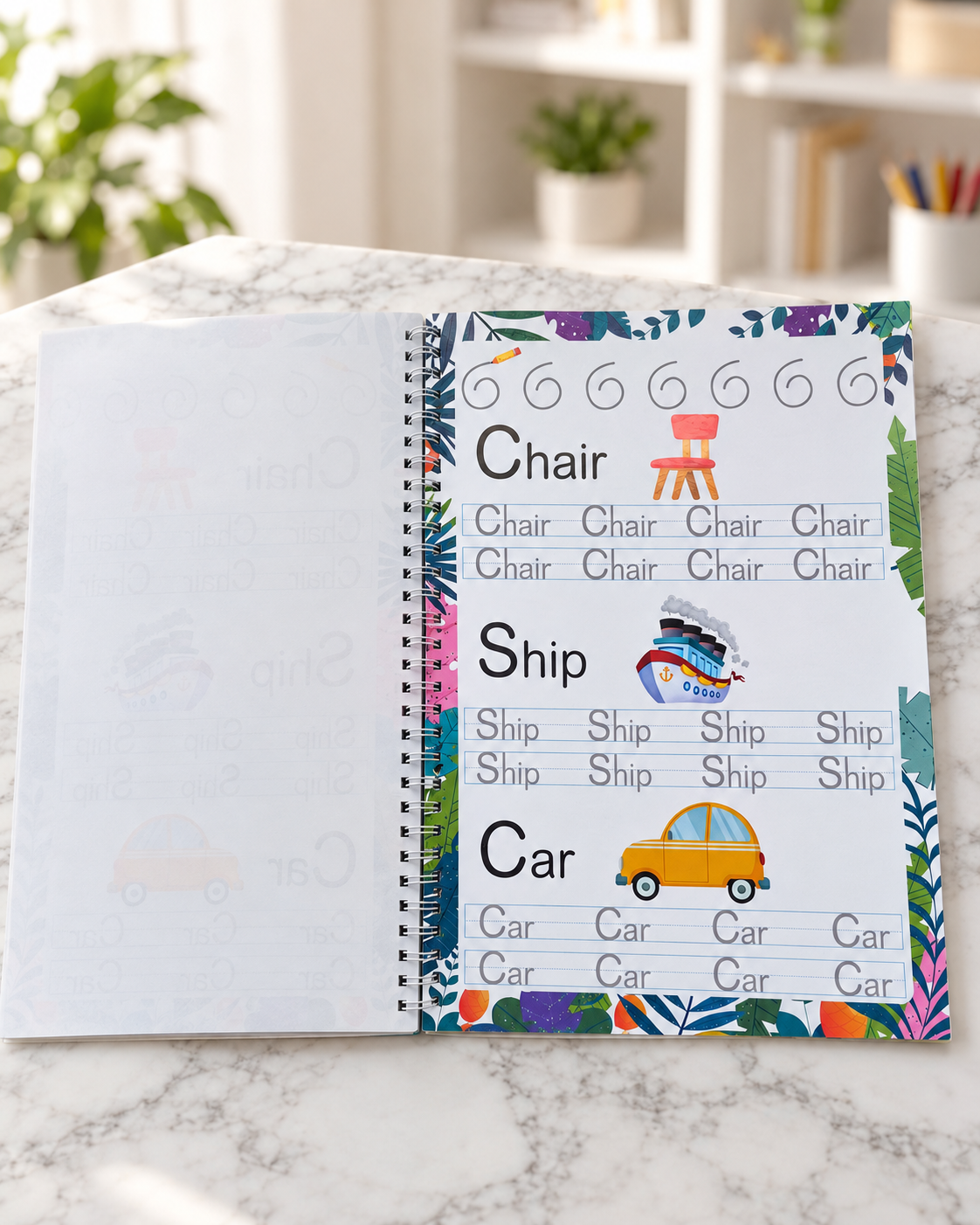 Start Handwriting Practice Workbook for Kids - First Words, tracing page with Chair, Ship and Car