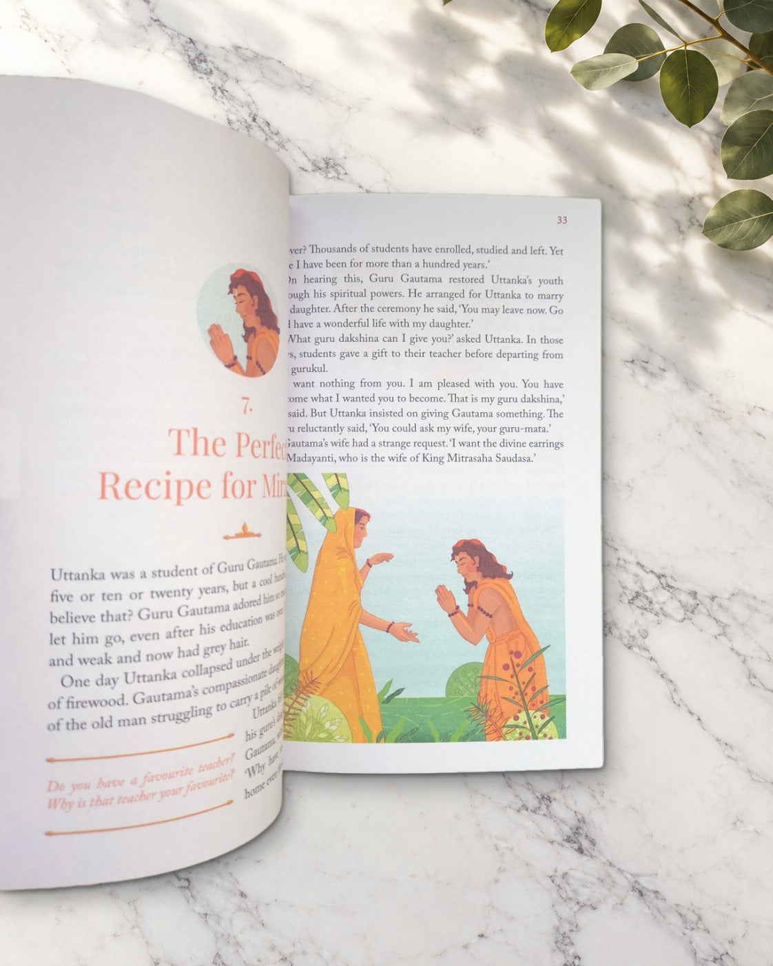 Tales from the Vedas and Upanishads, inside pages with a story opening and a colour illustration
