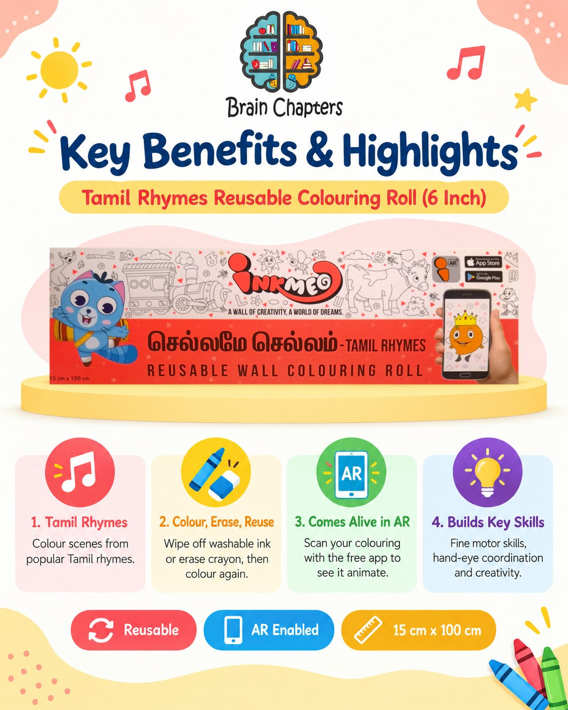 Key benefits and highlights of Tamil Rhymes Reusable Colouring Roll (6 Inch)