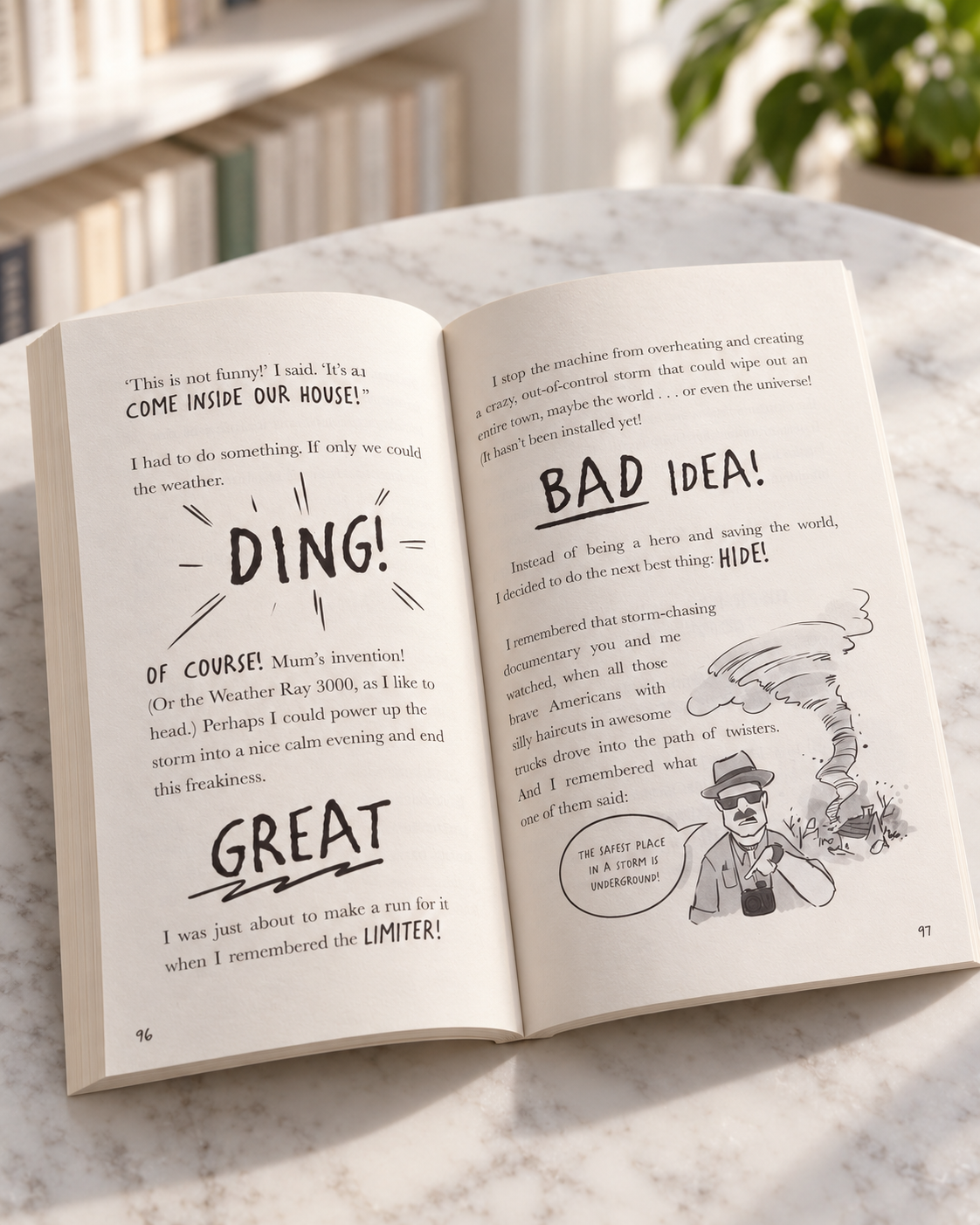 The Danger Gang, open book showing big hand-lettered words and drawings