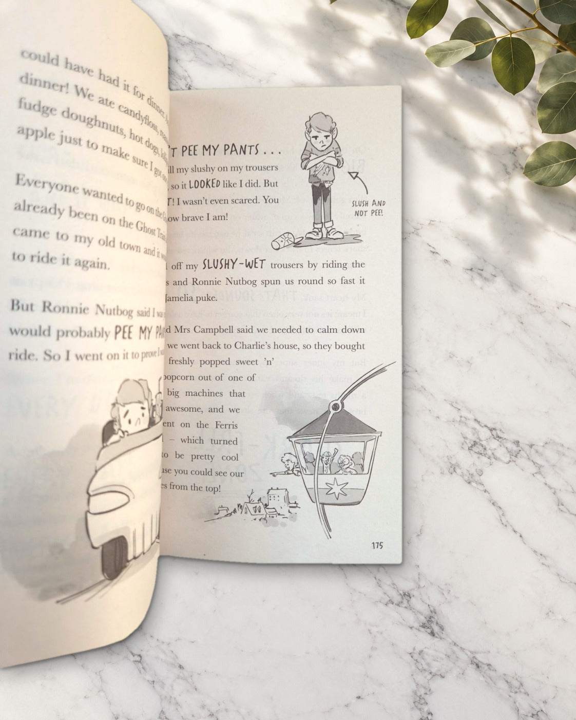 The Danger Gang, open book showing text with pencil drawings