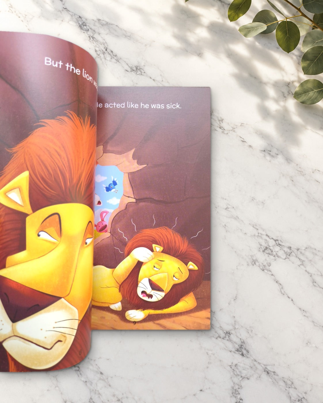 The Old Lion and the Fox, open book showing a big lion illustration
