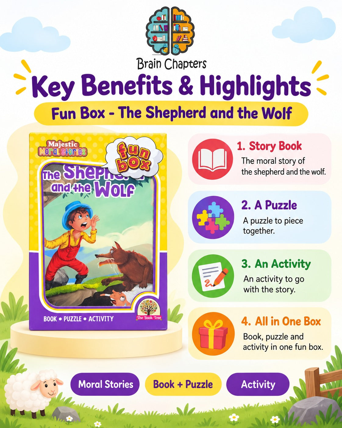Key benefits and highlights of Fun Box - The Shepherd and the Wolf - Book, Puzzle & Activity