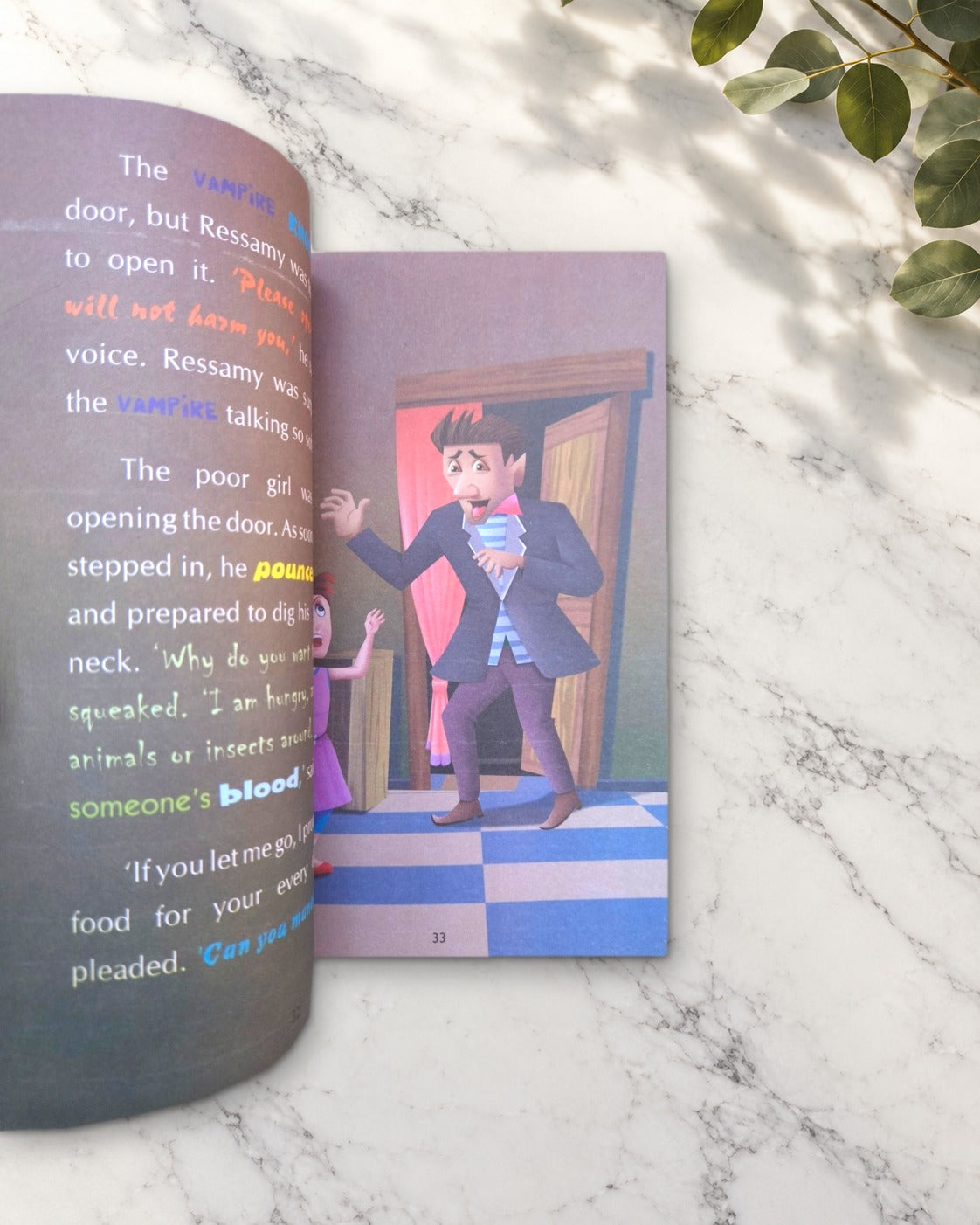 The Spooky Tales of Scary Vampires, open book with coloured words and an illustration
