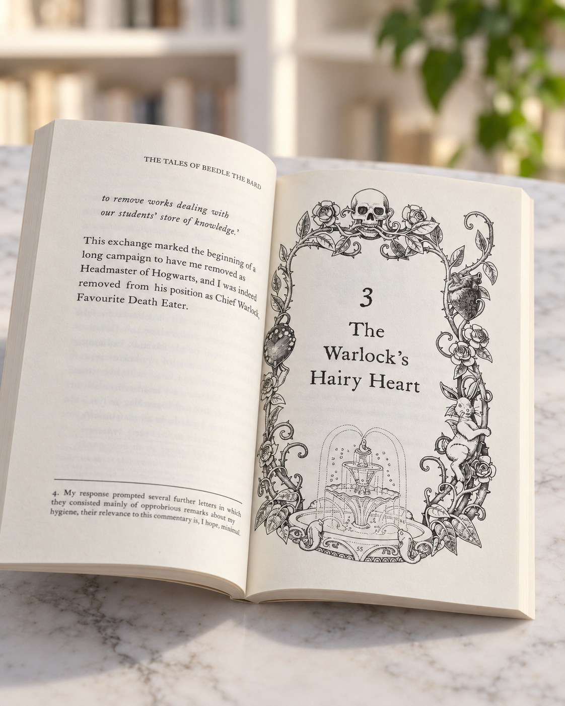The Tales of Beedle the Bard, open book showing the opening page of The Warlock's Hairy Heart