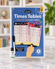 Times Tables Pull-the-Tab Flash Cards, front of the pack with marker pen