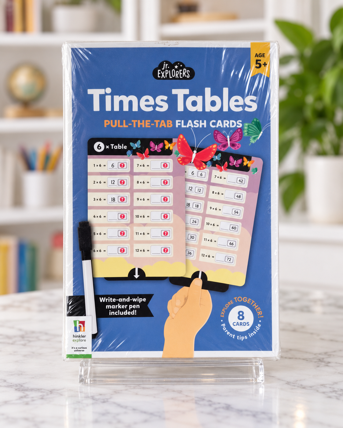 Times Tables Pull-the-Tab Flash Cards, front of the pack with marker pen