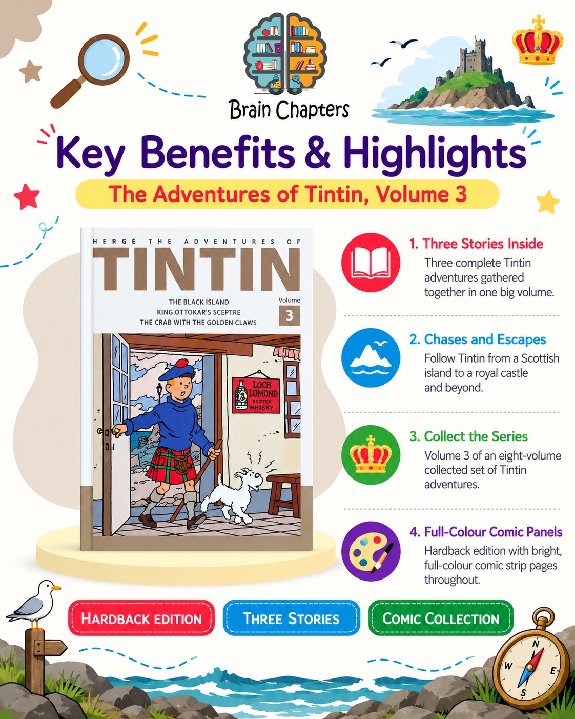Key benefits and highlights of Tintin Volume 3: The Black Island, King Ottokar's Sceptre, The Crab with the Golden Claws
