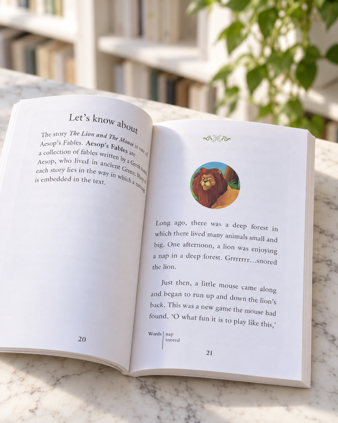 Treasured Animal Stories, open book showing a story page with a lion picture