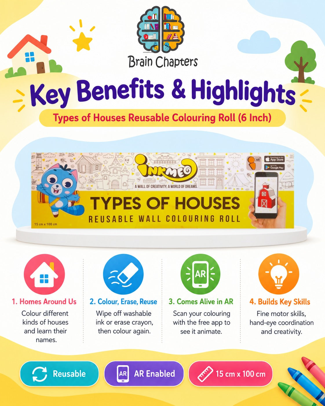 Key benefits and highlights of Types of Houses Reusable Colouring Roll (6 Inch)