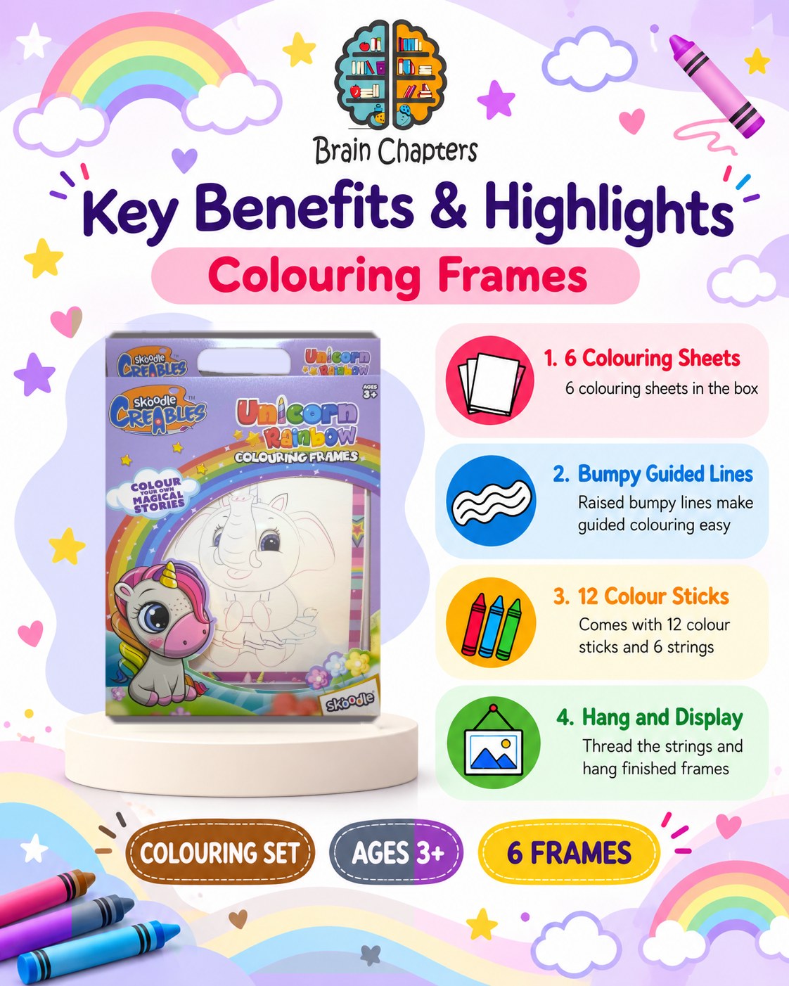 Key benefits and highlights of Unicorn Rainbow Colouring Frames