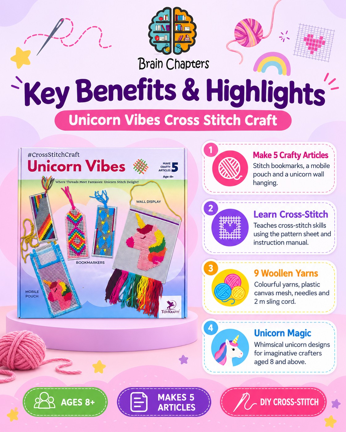 Key benefits and highlights of Unicorn Vibes Cross Stitch Craft