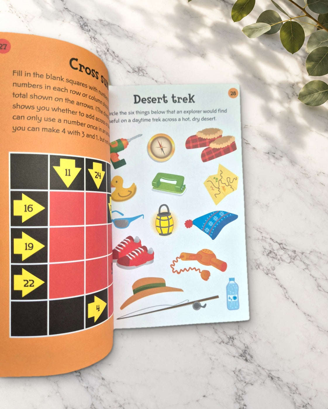 100 Things to Do on a Journey, inside pages with a number puzzle and a desert trek spotting game