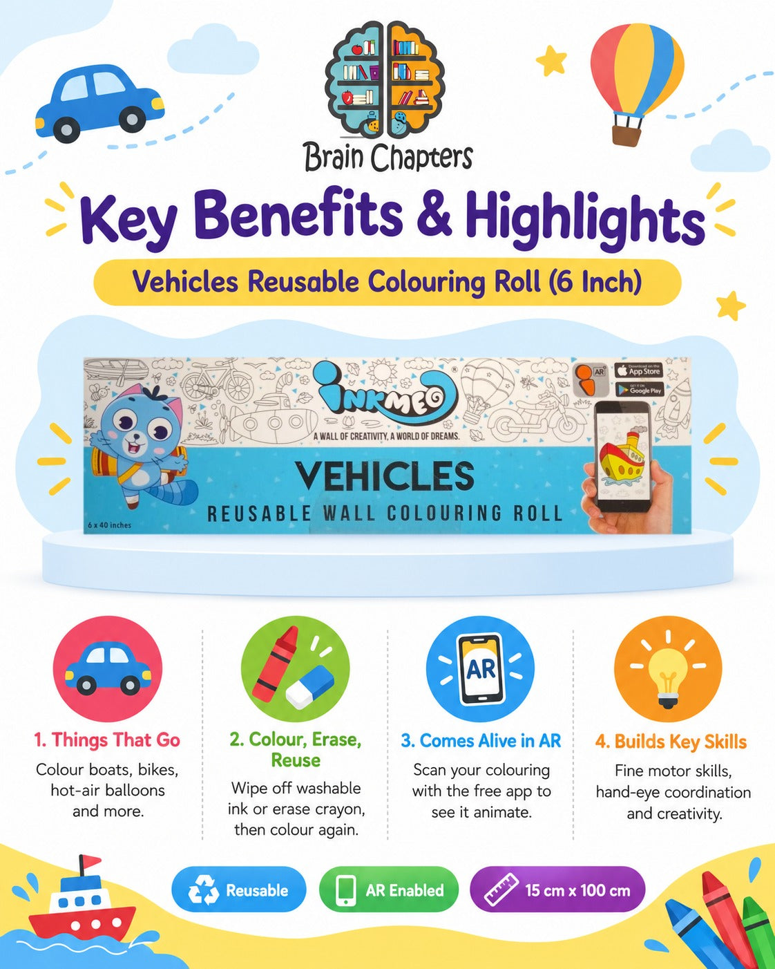 Key benefits and highlights of Vehicles Reusable Colouring Roll (6 Inch)