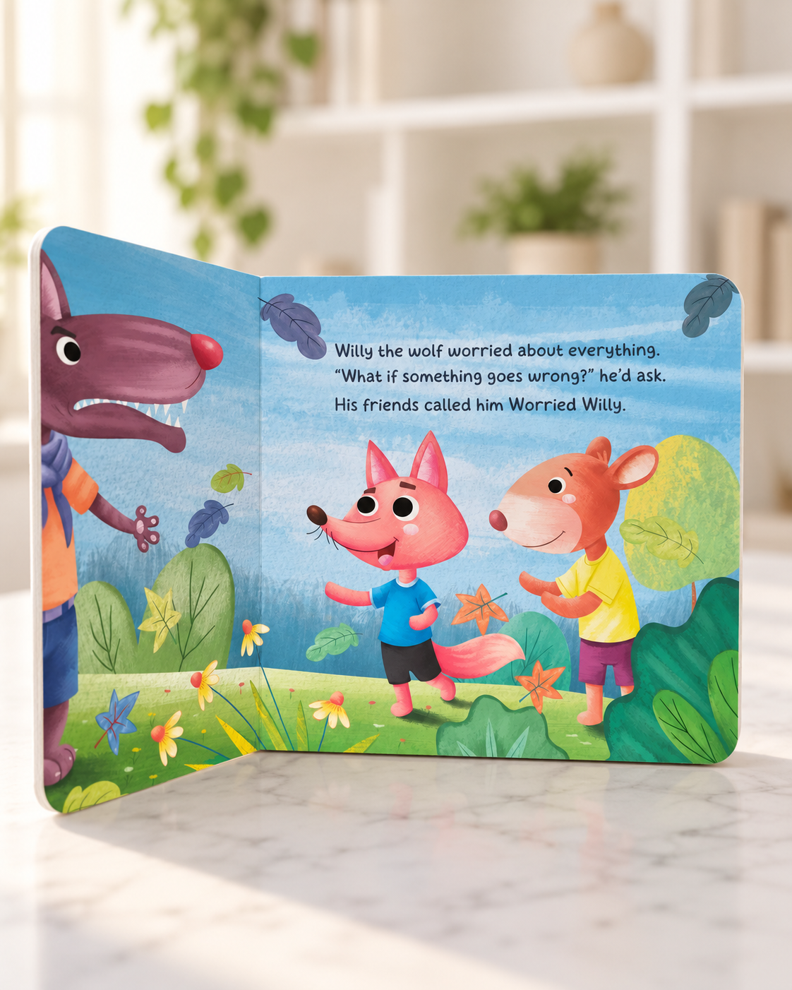 Worried Wolf, open board book showing Willy the wolf worrying while his friends play