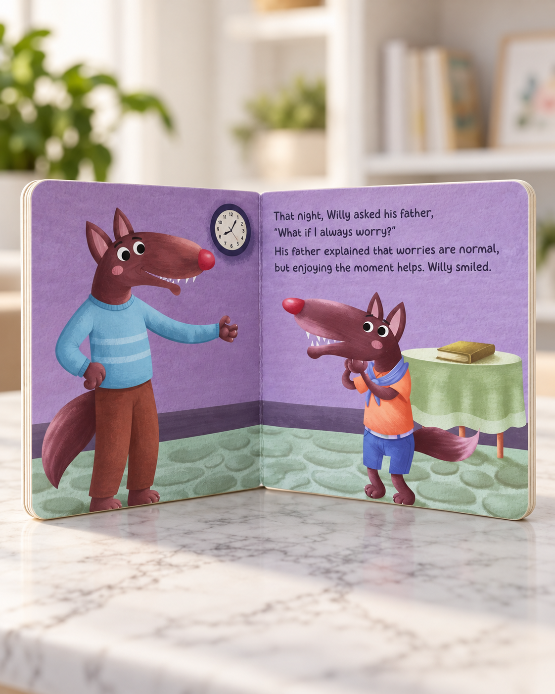 Worried Wolf, open board book showing Willy talking to his father at night